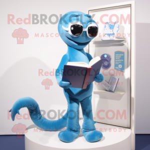 Blue Hydra mascot costume character dressed with a Playsuit and Reading glasses