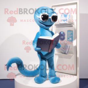 Blue Hydra mascot costume character dressed with a Playsuit and Reading glasses