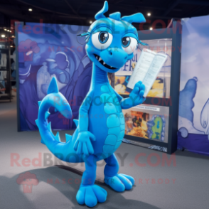 Blue Hydra mascot costume character dressed with a Playsuit and Reading glasses