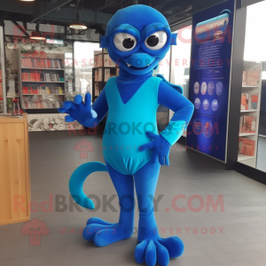 Blue Hydra mascot costume character dressed with a Playsuit and Reading glasses