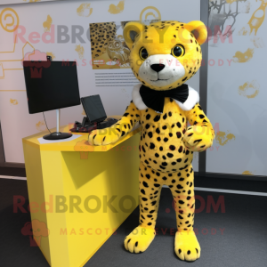 Lemon Yellow Leopard mascot costume character dressed with a Trousers and Shawl pins