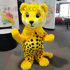 Lemon Yellow Leopard mascot costume character dressed with a Trousers and Shawl pins