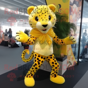 Lemon Yellow Leopard mascot costume character dressed with a Trousers and Shawl pins