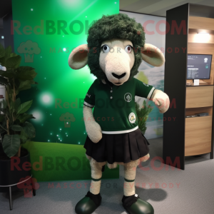 Forest Green Merino Sheep mascot costume character dressed with a Mini Skirt and Lapel pins