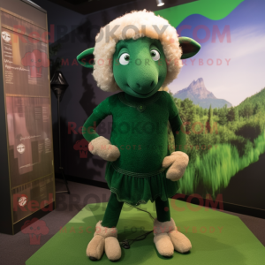 Forest Green Merino Sheep mascot costume character dressed with a Mini Skirt and Lapel pins
