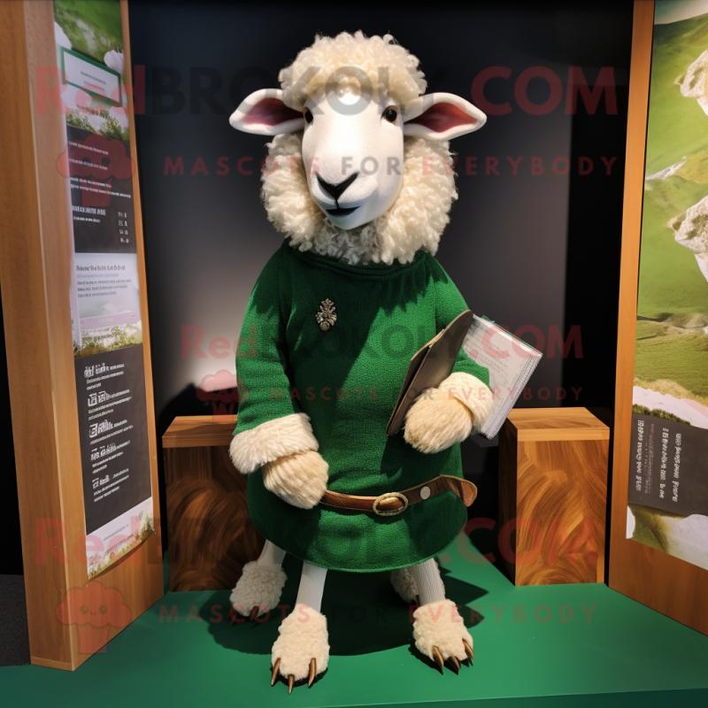 Forest Green Merino Sheep mascot costume character dressed with a Mini Skirt and Lapel pins