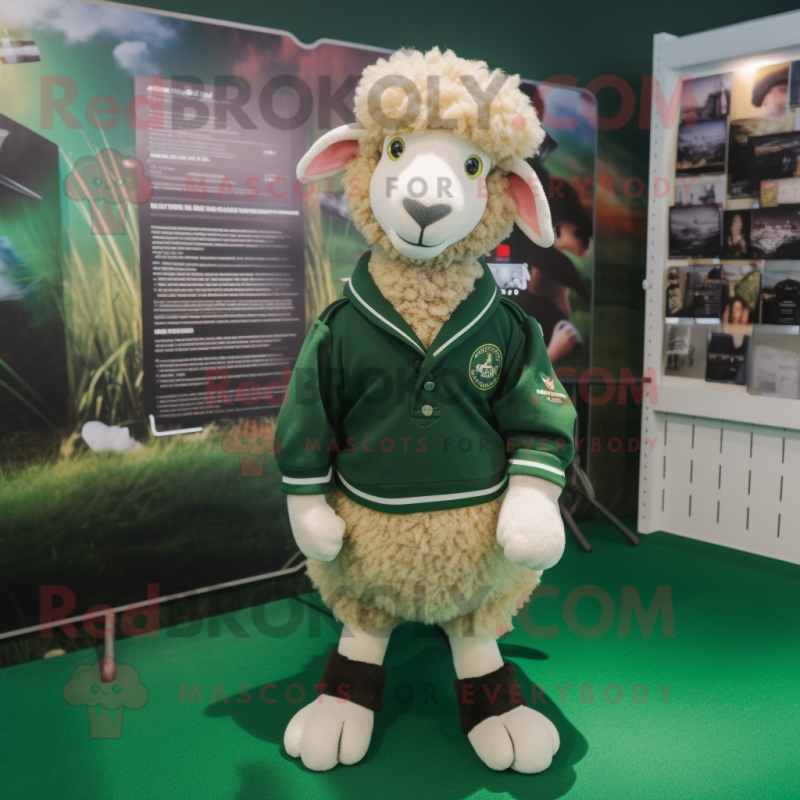 Forest Green Merino Sheep mascot costume character dressed with a Mini Skirt and Lapel pins