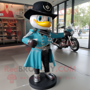 Teal Ring Master mascot costume character dressed with a Biker Jacket and Earrings