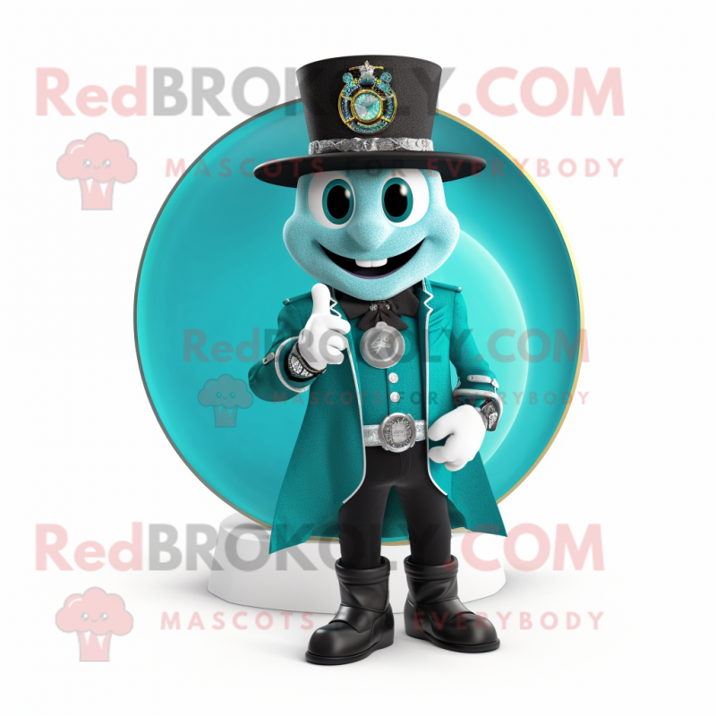 Teal Ring Master mascot costume character dressed with a Biker Jacket and Earrings