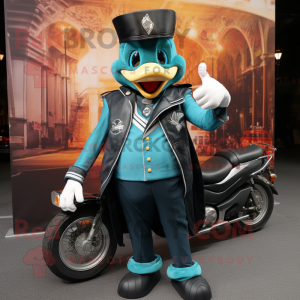 Teal Ring Master mascot costume character dressed with a Biker Jacket and Earrings