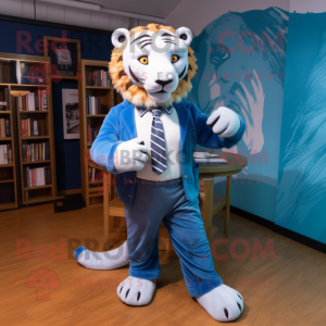 Blue Saber-Toothed Tiger mascot costume character dressed with a Oxford Shirt and Ties