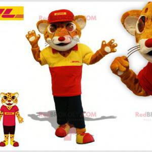 Orange and white leopard tiger mascot in delivery outfit -