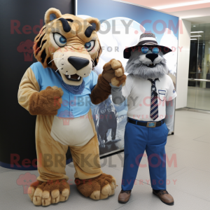 Blue Saber-Toothed Tiger mascot costume character dressed with a Oxford Shirt and Ties