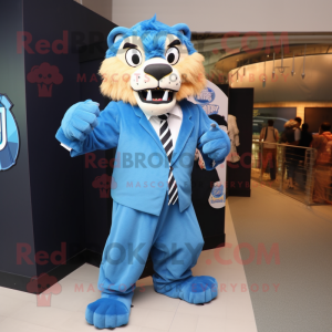 Blue Saber-Toothed Tiger mascot costume character dressed with a Oxford Shirt and Ties