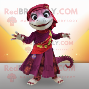 Maroon Geckos mascot costume character dressed with a Wrap Skirt and Hair clips
