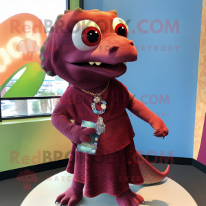 Maroon Geckos mascot costume character dressed with a Wrap Skirt and Hair clips