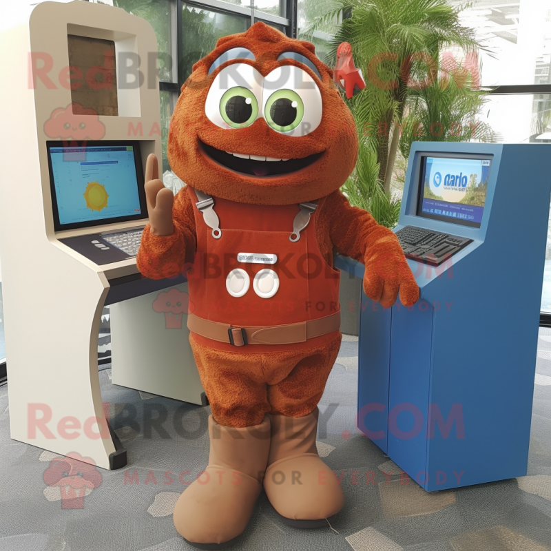 Rust Computer mascot costume character dressed with a Dungarees and Keychains Rust Computer mascot costume character dressed with a Dungarees and Keychains