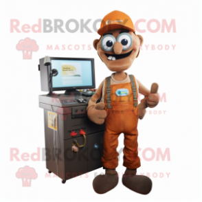 Rust Computer mascot costume character dressed with a Dungarees and Keychains