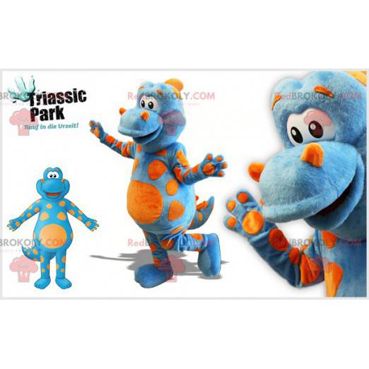 Mascote gigante de dinossauro azul e laranja - Redbrokoly.com