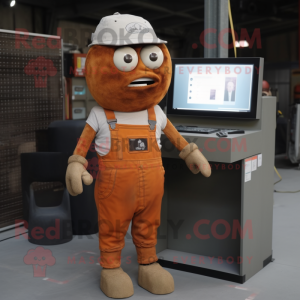 Rust Computer mascot costume character dressed with a Dungarees and Keychains