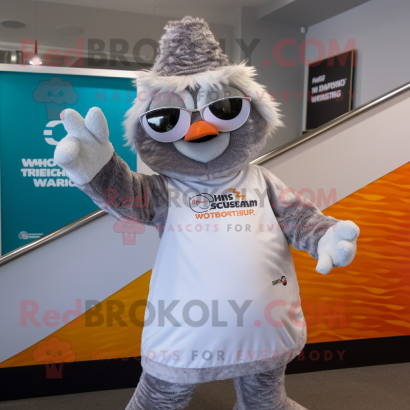 Silver Chicken Parmesan mascot costume character dressed with a Swimwear and Gloves Silver Chicken Parmesan mascot costume character dressed with a Swimwear and Gloves