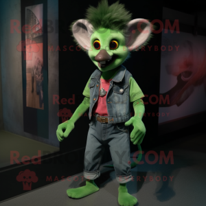 Green Aye-Aye mascot costume character dressed with a Jeans and Belts