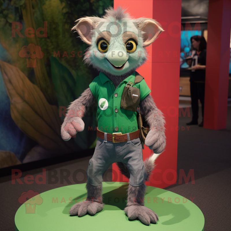 Green Aye-Aye mascot costume character dressed with a Jeans and Belts