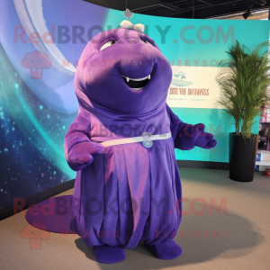 Purple Stellar'S Sea Cow mascot costume character dressed with a Midi Dress and Cufflinks
