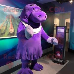 Purple Stellar'S Sea Cow mascot costume character dressed with a Midi Dress and Cufflinks