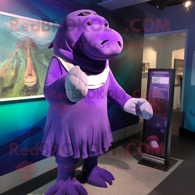Purple Stellar'S Sea Cow mascot costume character dressed with a Midi Dress and Cufflinks Purple Stellar'S Sea Cow mascot costume character dressed with a Midi Dress and Cufflinks