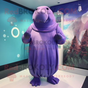 Purple Stellar'S Sea Cow mascot costume character dressed with a Midi Dress and Cufflinks
