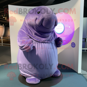 Purple Stellar'S Sea Cow mascot costume character dressed with a Midi Dress and Cufflinks