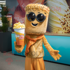 Rust Pop Corn mascot costume character dressed with a Swimwear and Scarves
