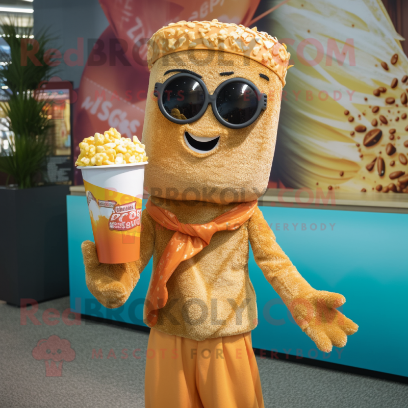 Rust Pop Corn mascot costume character dressed with a Swimwear and Scarves Rust Pop Corn mascot costume character dressed with a Swimwear and Scarves