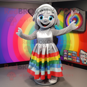 Silver Rainbow mascot costume character dressed with a Maxi Dress and Beanies