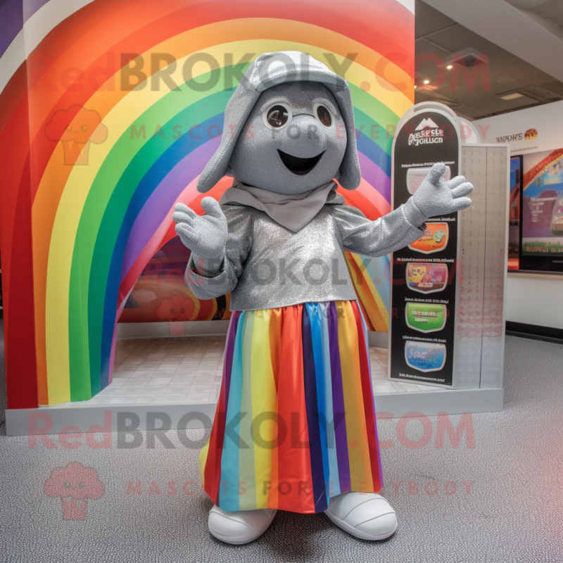 Silver Rainbow mascot costume character dressed with a Maxi Dress and Beanies Silver Rainbow mascot costume character dressed with a Maxi Dress and Beanies