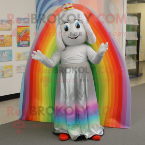 Silver Rainbow mascot costume character dressed with a Maxi Dress and Beanies