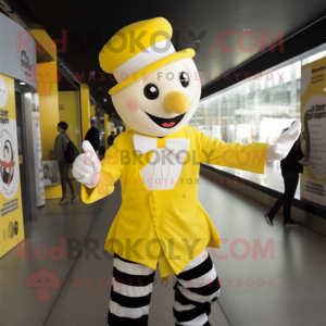 Yellow Mime mascot costume character dressed with a Waistcoat and Caps