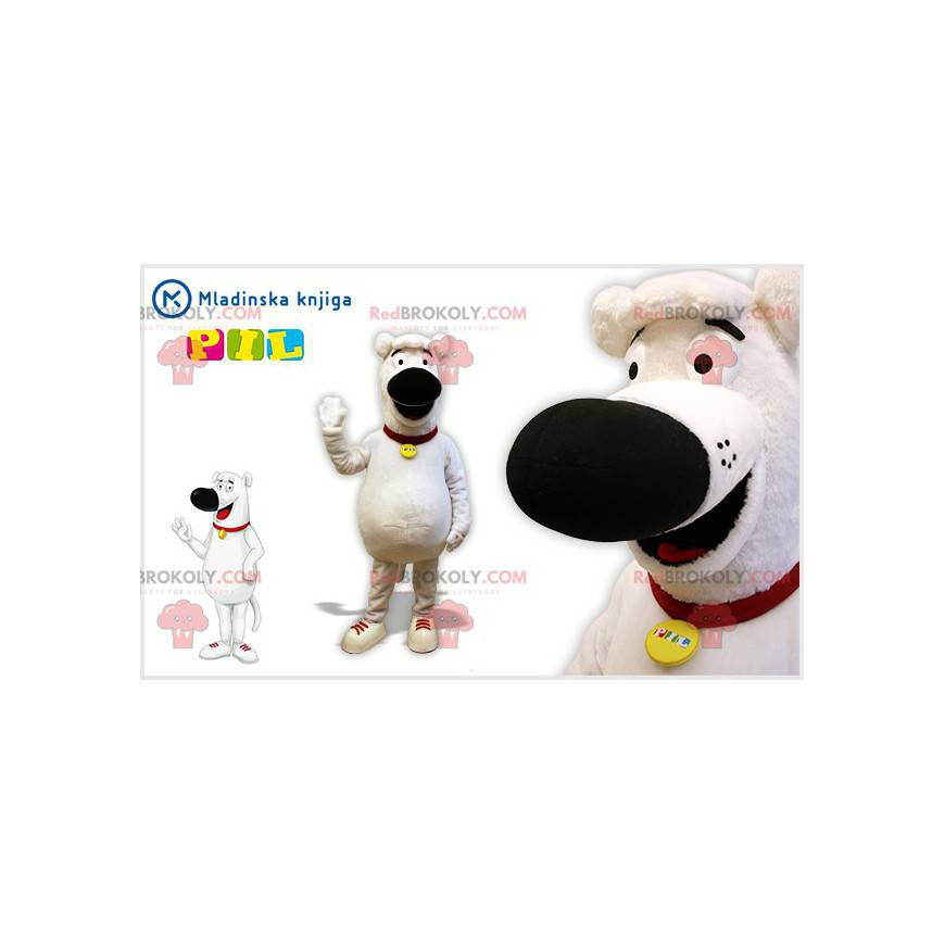 Baculatý a roztomilý bílý a černý pes maskot - Redbrokoly.com