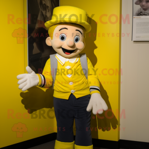 Yellow Mime mascot costume character dressed with a Waistcoat and Caps