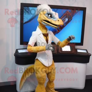 Cream Utahraptor mascot costume character dressed with a Pencil Skirt and Digital watches