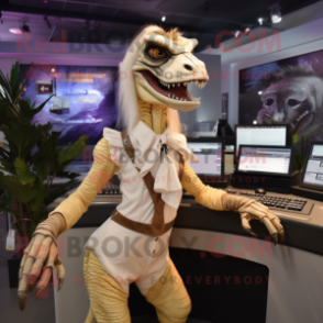 Cream Utahraptor mascot costume character dressed with a Pencil Skirt and Digital watches