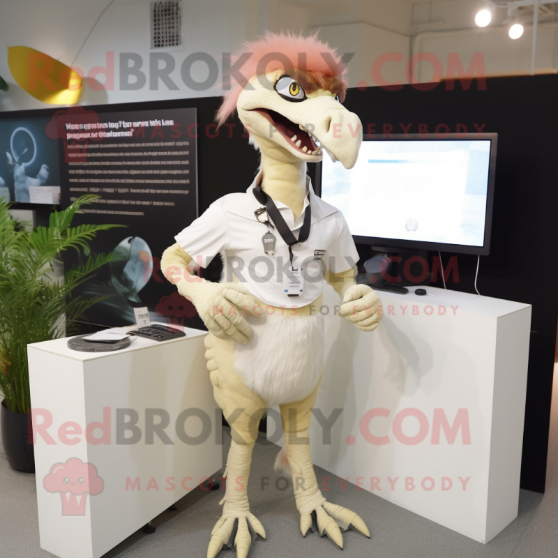 Cream Utahraptor mascot costume character dressed with a Pencil Skirt and Digital watches