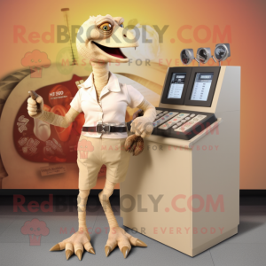 Cream Utahraptor mascot costume character dressed with a Pencil Skirt and Digital watches
