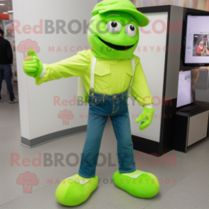 Lime Green Guinness mascot costume character dressed with a Mom Jeans and Shoe laces