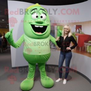 Lime Green Guinness mascot costume character dressed with a Mom Jeans and Shoe laces