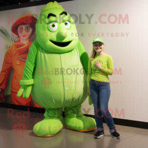 Lime Green Guinness mascot costume character dressed with a Mom Jeans and Shoe laces