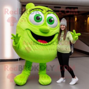 Lime Green Guinness mascot costume character dressed with a Mom Jeans and Shoe laces