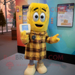Yellow Phone mascot costume character dressed with a Flannel Shirt and Mittens