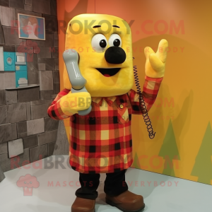 Yellow Phone mascot costume character dressed with a Flannel Shirt and Mittens